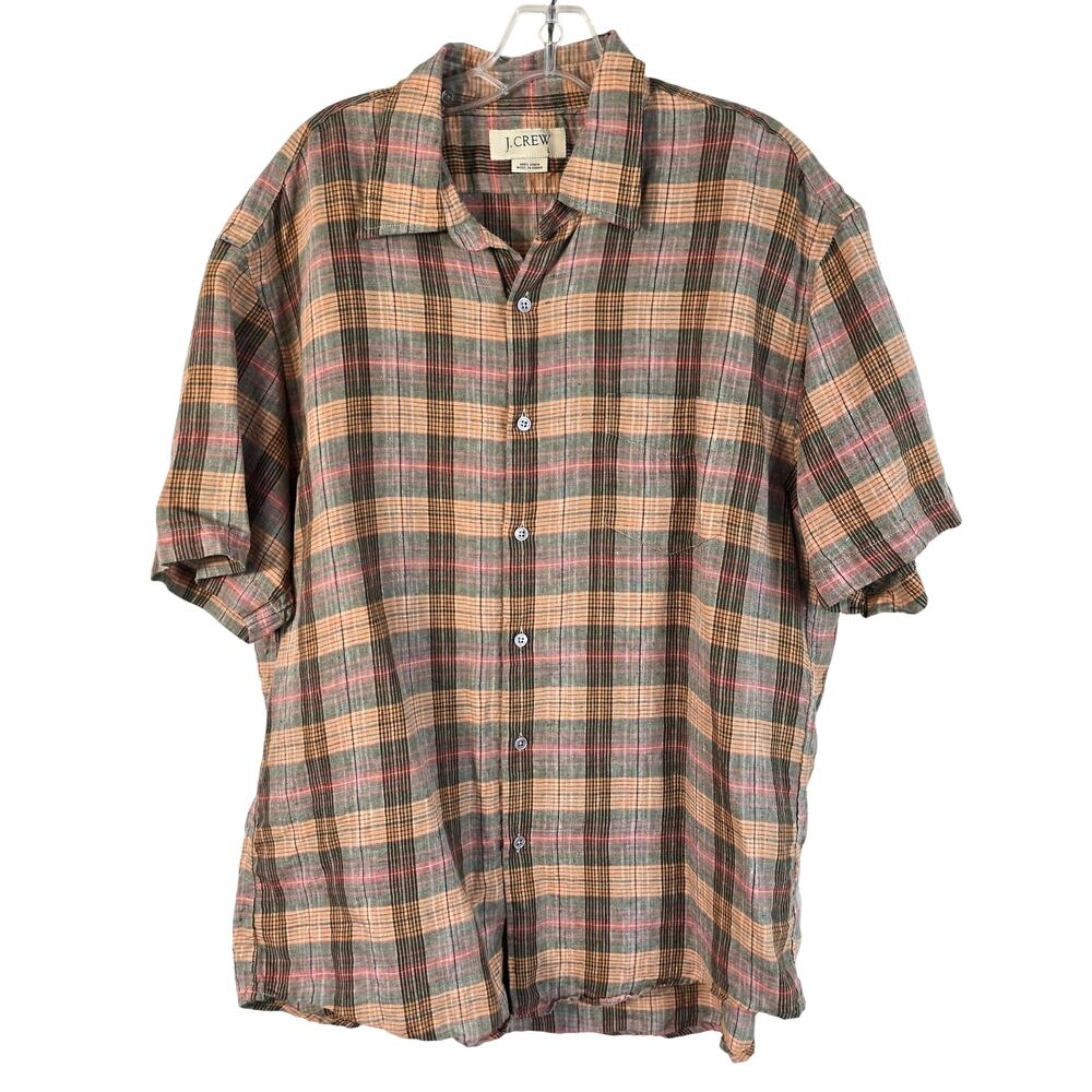 J Crew Shirt Men's L Orange Multi Linen Short Sleeve Beach Coastal Casual Preppy